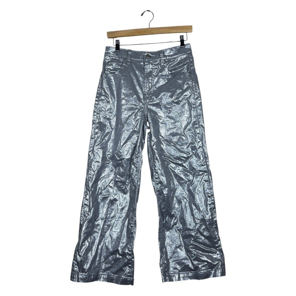 Gap High Rise Stride Ankle Metallic Silver Wide Leg Jeans Shiny Party Size 27/4R